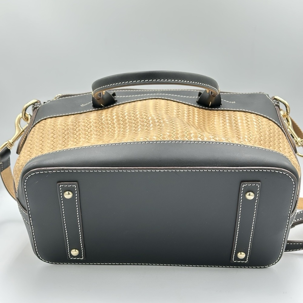 Dooney Bourke Beacon Black Brown Smooth Leather Woven Embossed Domed Satchel Bag - Picture 9 of 16